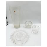 11" TALL ETCHED GLASS VASE, PITTSBURGH GLASS AND