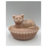WESTMORELAND PINK MILK GLASS CAT ON BED, 6"X4"