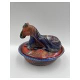 RED AND BLUE SLAG GLASS HORSE ON NEST, 6X5