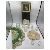 CLEAR GLASS CRANE TUMBLER, DOILIES, MIRROR WALL