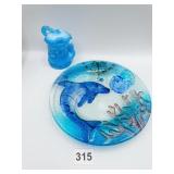 BLUE SLAG GLASS CONDIMENT SERVER AND DOLPHIN ART