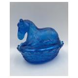 BLUE GLASS HORSE ON NEST, 5.5"