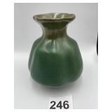 4.5" GLAZED GREEN POTTERY VASE WITH MARK ON
