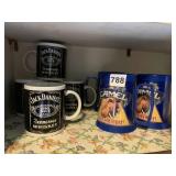 4 MATCHING JACK DANIELS MUGS AND 3 THERMAL CAMEL