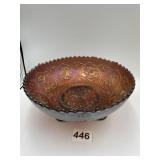CARNIVAL GLASS FOOTED BOWL WITH ROSE AND DRAGON
