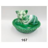 WESTMORELAND CAT NESTING COVERED SLAG GLASS GREEN