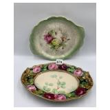 DOUBLE HANDLED OVAL PLATTER WITH GOLD DETAIL AND