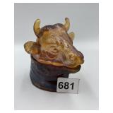 AMBER GLASS BULL HEAD COVERED CONDIMENT DISH