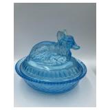 KEMPLE GLASS BLUE GLASS WOLF ON BED, 8X6