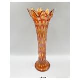 2 IRIDESCENT CARNIVAL GLASS VASES 11 INCHES H ON