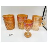 MARIGOLD CARNIVAL GLASS TUMBLERS, MUG AND CORDIAL