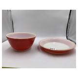 PYREX SMALL RED MIXING BOWL AND PINK PIE DISH