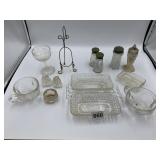 SALT AND PEPPER SHAKERS, DIVIDED GLASS DISH, ETC.