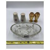 CUT GLASS OVAL BOWL WITH BIRD AND SALT AND PEPPER