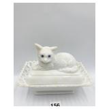 WESTMORELAND WHITE MILK GLASS BLUE EYED CATS ON