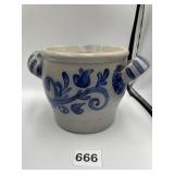 SALT GLAZE DOUBLE HANDLED BLUE AND WHITE CROCK