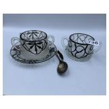 SILVER OVERLAY HANDLED BOWLS, 1 WITH LINER AND