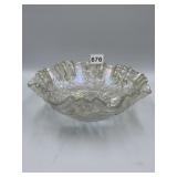 9" CRIMPED EDGE CARNIVAL GLASS BOWL WITH EMBOSSED