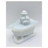 IRIDESCENT MILK GLASS WITH SANTA ON TOP OF HIS