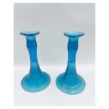 PAIR OF UNIQUE BLUE IRIDESCENT 8.5" CANDLE HOLDER