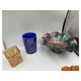 CARNIVAL GLASS BOWL 8" WITH CHIP, 2 BLUE TUMBLER