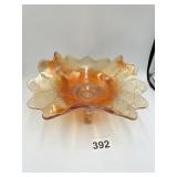 MARIGOLD CARNIVAL GLASS TWIG FOOTED SERVING BOWL,
