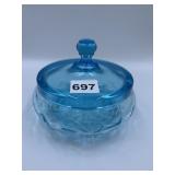 BLUE GLASS CANDY BOWL WITH LID, CHIP ON INNER RIM
