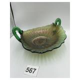 DOUBLE HANDLED GREEN DEPRESSION GLASS BOWL