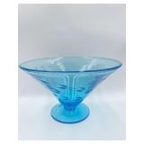 WHEEL ETCHED BLUE BOWL W/ WHEEL CUT 6" X 9.5"