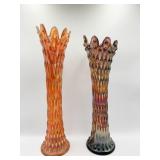 2 IRIDESCENT CARNIVAL VASES BOTH HAVE DAMAGE