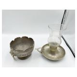 PEWTER CANDLE NAPPY, SILVER PLATE DOUBLE LION