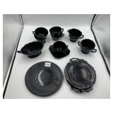 BLACK GLASS SUGAR AND CREAMER, GRAVY BOAT,