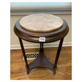 ROUND WOOD TABLE WITH INSET MARBLE TOP 27 INCHES