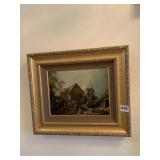 PAINTED ON BOARD VILLAGE SCENE WITH GOLD ORNATE