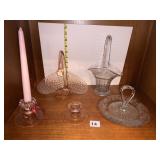 PINK HANDLED BRIDES BASKET, ETCHED CLEAR BASKET,