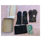 CLUTCH PURSE, LEATHER GLOVES, HANKIE HAS HOLE
