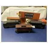 THREE ROLLING STOCK TRAIN CARS W/ BOXES