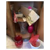 ASSORTED GLASS VASES & DRAWER OF RIBBON