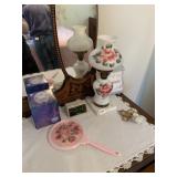 HAND PAINTED LAMP ON MARBLE BASE, HAND MIRROR,