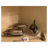 SILVER PLATE COVERED BUTTERS, CANDLE SNUFFER,
