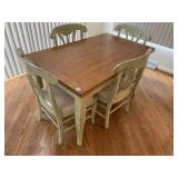 FARM TABLE WITH FOUR GRAY STRIPED UPHOLSTERED