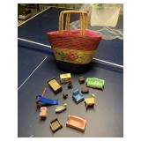 BASKET W/ PLASTIC DOLL FURNITURE