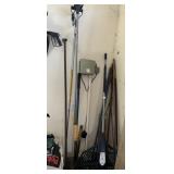 WRECKING BAR, LARGE LEAF RAKE, SHOVELS, GARDEN