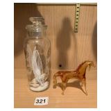 MCM LEAF JAR AND GLASS AMBER HORSE FIGURINE