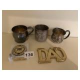 SILVERPLATE MUGS, DAD BRASS PAPER WEIGHT