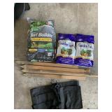 TOOL BAG, STAKES, GARDEN FOOD AND TURF BUILDER