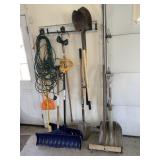 VARIETY OF SHOVELS, PUSH BROOM, EXTENSION CORDS,