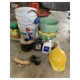 TOOL BUCKETS, HARD HAT, EAR PROTECTORS, SAW, OIL,