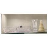 TWO DOUBLE HANDLED CRACKER DISHES, BUT VASE AND
