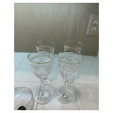 GOLD RIM GLASSES, SUGAR BOWL, ETCHED GREEN BASE